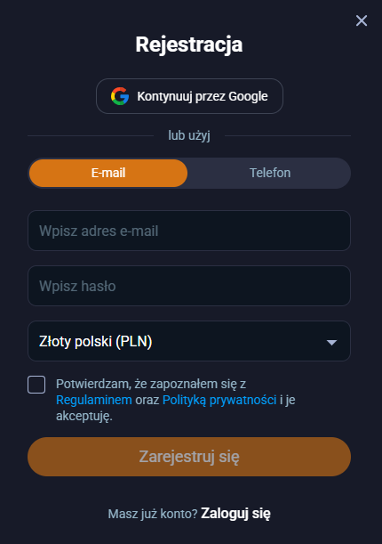 Panel rejestracyjny konta